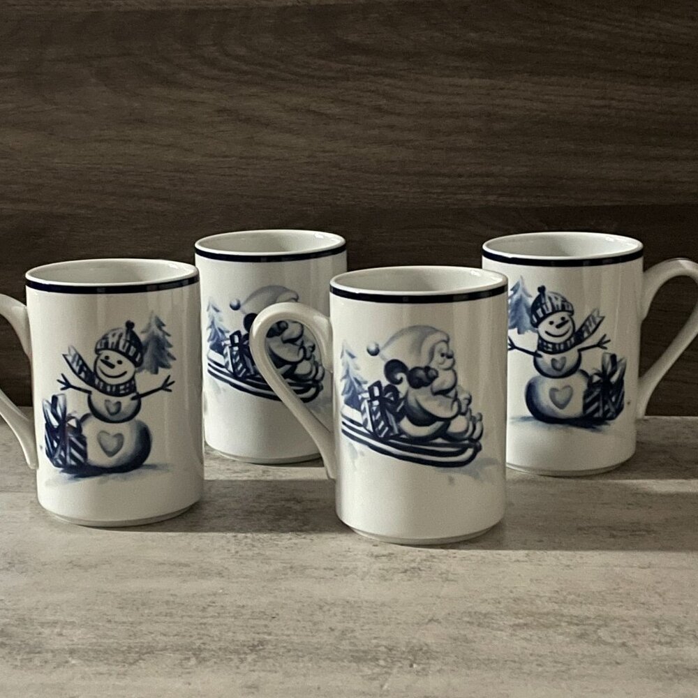 Dansk Bistro Christmas Winter Snowman Santa 4" Mugs Set of Four 2003 Portugal